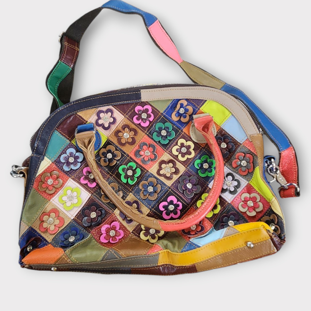 AmeriLeather Lorely Multicolor Leather Patchwork Floral Applique Tote Handbag